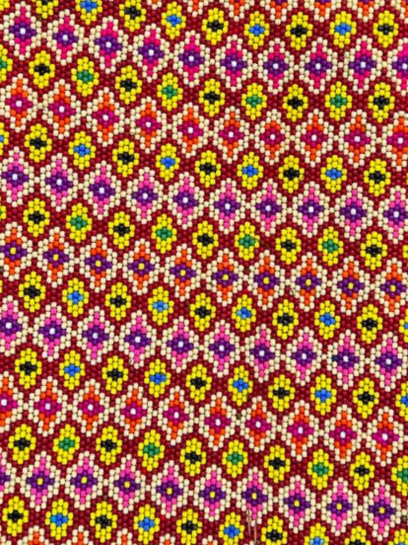 Close-up of the flower grid: small yellow bead flowers with coloured centres